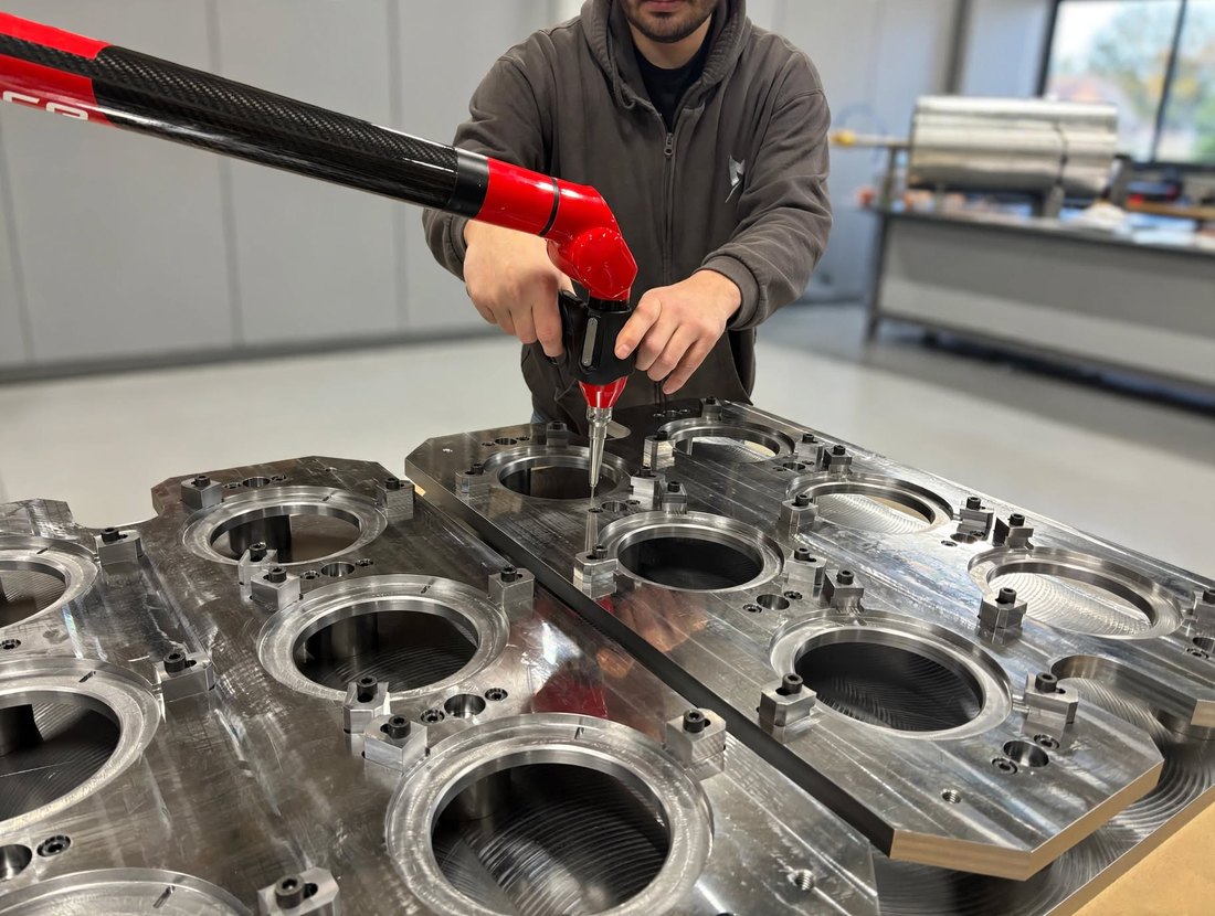 Contrôle dimensionnel d'une plaque usinée au palpeur d'un bras de mesure 3D chez M3i Industrie